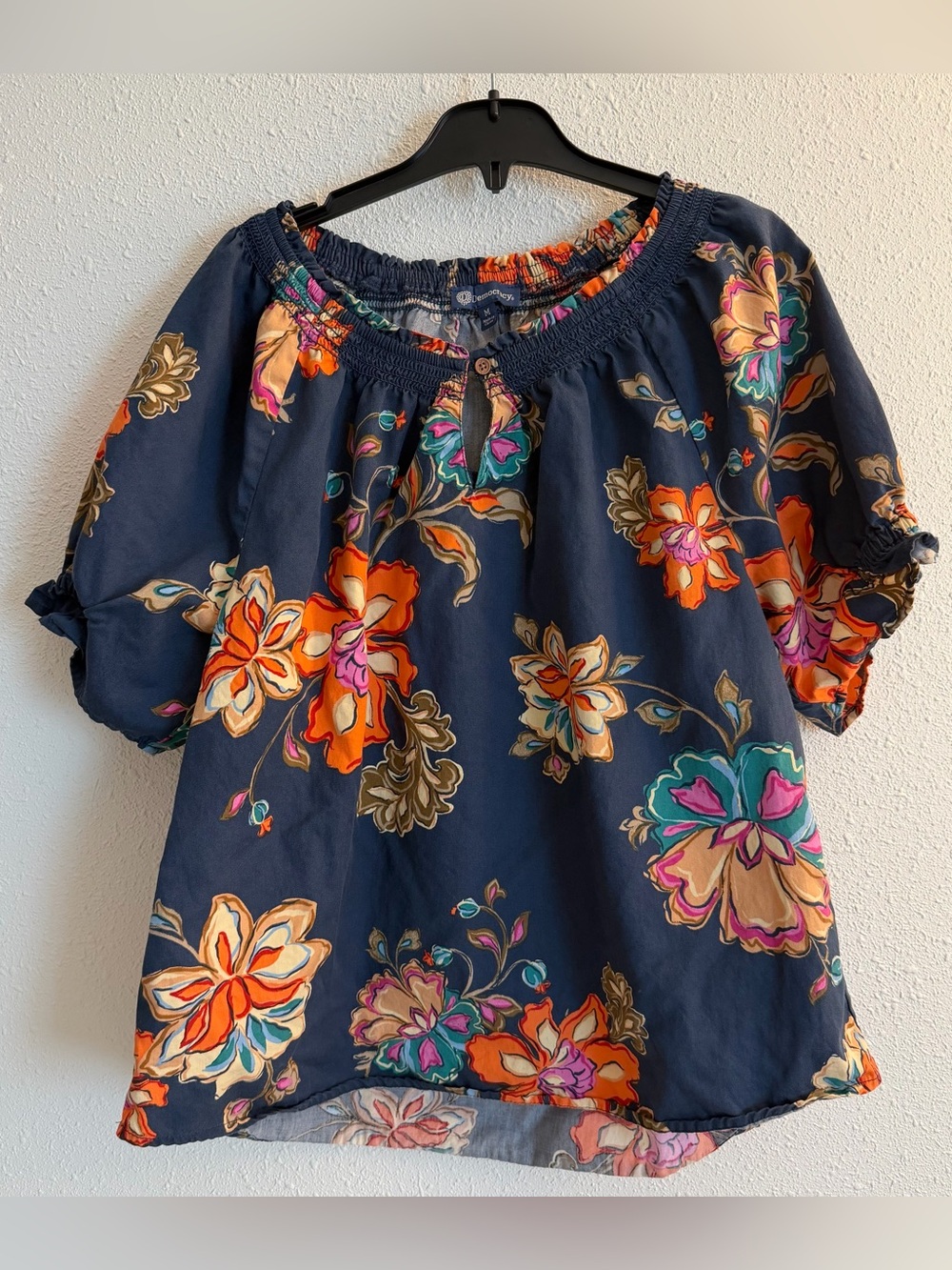 Democracy Navy Floral Peasant Top with Bright Blooms